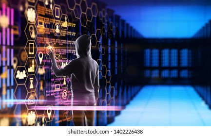Hacker using creative dark digital interface in blurry server room. Cloud computing and data concept. Multiexposure 