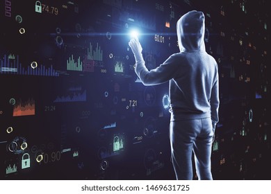 Hacker using creative glowing big data hud. Malware and futuristic concept. Double exposure 