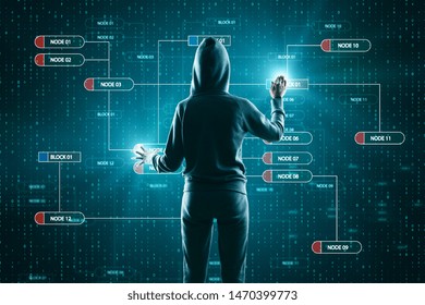 Hacker using creative glowing big data touchscreen. Malware and futuristic concept. Double exposure 