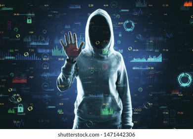 Hacker using creative glowing big data interface. Malware and futuristic concept. Multiexposure 