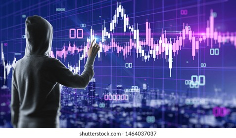 Hacker using creative glowing blurry forex chart interface with candlestick on blurry night city background. Trade and hacking concept. Double exposure 
