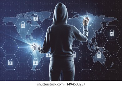 Hacker using creative glowing digital padlock and map interface on dark background with icons. Safety and protection concept. Double exposure 