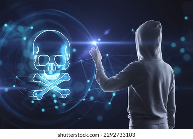 Hacker using digital blue skull hologram on dark background. Ransomeware, virus and pirate threat concept. Double exposure