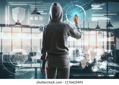 Hacker using digital business interface on blurry office interior background. Future and hacking concept. Double exposure