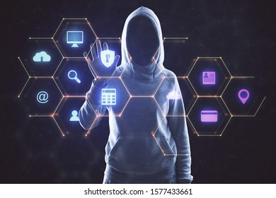 Hacker using digital business interface on dark background. Innovation and technology concept