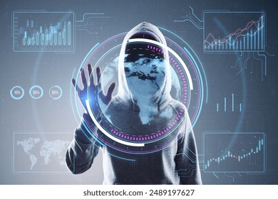 Hacker using digital business interface on gray background. Hacking and dashboard concept. Double exposure