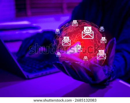 Hacker using email phishing scam to target victims worldwide. Cybersecurity threat increasing globally with digital fraud, identity theft, and data breach. Concept of online scam and cybercrime.