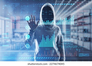 Hacker using glowing digital interface with business charts and coding on blurry office interior background. Future and cyberspace concept. Double exposure - Powered by Shutterstock