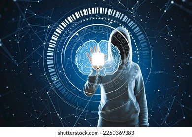Hacker using glowing polygonal chip and brain hologram on blurry dark background. AI, data theft, malware, metaverse and technology concept
