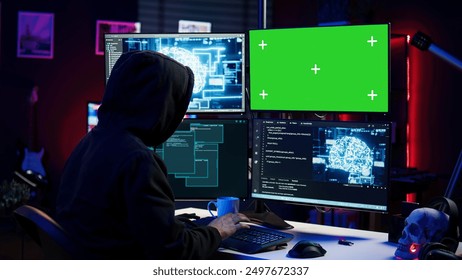 Hacker using green screen PC and AI to find unpatched connections and steal data. Scammer using artificial intelligence and chroma key computer to compromise digital devices, camera B