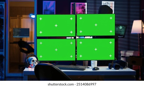 Hacker using isolated screen multi monitor PC setup, doing computer sabotage using ransomware. Cybercriminal walking with laptop, breaching firewalls in apartment with mockup displays, camera A