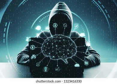 Hacker using laptop with abstract digital brain interface on blurry background. AI and theft concept. Double exposure  