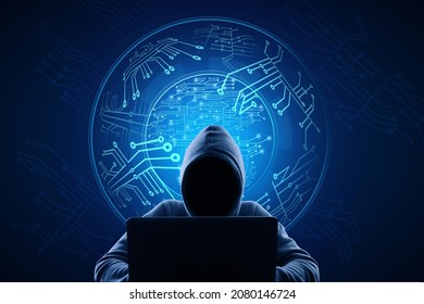 Hacker using laptop with abstract glowing digital circuit sphere on blue background. Hardware, technology, hacking, malware and innovation concept