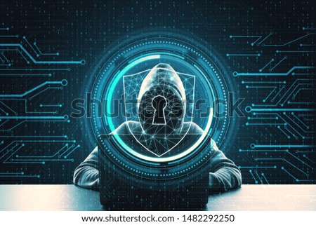 Hacker using laptop with abstract interface. Safety and malware concept. Multiexposure