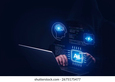 Hacker using laptop with AI and coding interface, illustrating artificial intelligence, cybersecurity risk, deep learning, and technology concept of data protection and online security threats. - Powered by Shutterstock - Get 15% off with code: PIKWIZARD15