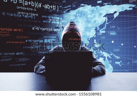 hacker using laptop with big data and  mathematical formulas hologram. Technology and innovation concept