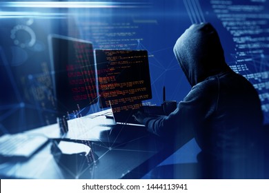 Hacker using laptop computer with html code and map. Attack and programming concept. Double exposure 