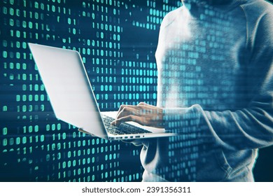 Hacker using laptop with creative digital binary code dots hologram. Digital data hacking concept. Double exposure