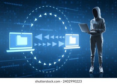  Hacker using laptop with creative digital data transfer and exchange folders on blue backdrop. Backup data, virtual document storage or loading on cloud service