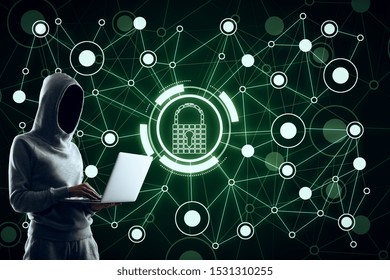 Hacker using laptop with creative glowing digital padlock network on green background. Safety and login concept 
