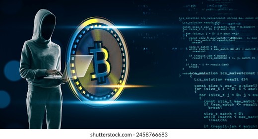 Hacker using laptop with creative glowing digital bitcoin on dark tech background with binary coding. Virtual cryptocurrency and futuristic banking concept