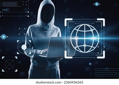 Hacker using laptop with creative hacking interface on dark background. Code window high tech UI and spyware concept