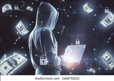 Hacker mit Laptop und fallende Dollar-Banknote. Hacking- und Finanzerfolgskonzept