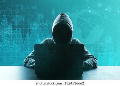 Hacker using laptop with forex chart. Criminal and trade concept. Double exposure 