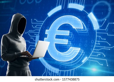 Hacker using laptop and glowing dollar icon interface hud. Technology and innovation concept.