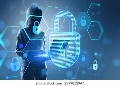 Hacker using laptop with glowing hexagonal padlock hologram with binary coding on blurry background. Safety, hacking, malware and internet concept. Double exposure