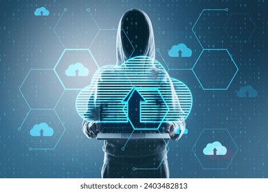 Hacker using laptop with glowing hexagonal cloud computing hologram with binary coding on blurry backdrop. Safety, hacking, malware and internet concept. Double exposure