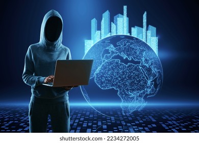 Hacker using laptop with glowing map with city hologram on blurry background. Abstract metaverse virtual reality concept building and digital map