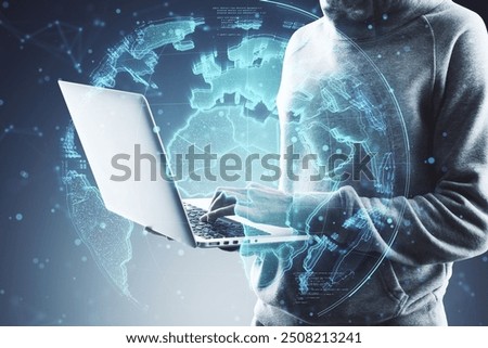 Hacker using laptop with glowing polygonal globe hologram on blurry background. Digital world, hacking and metaverse concept. Double exposure