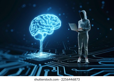 Hacker using laptop with hologram. Futuristic design of artificial Intelligence brain with circuit board. Learning process and problem solving concept. Abstract digital technology background