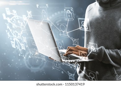 Hacker using laptop with interface on blurry background. Hacking and criminal concept. Double exposure 