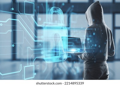 Hacker using laptop in interior with abstract glowing padlock hologram on blurry office background. Secure, hacking, safety and web protection concept. Double exposure - Powered by Shutterstock - Get 15% off with code: PIKWIZARD15