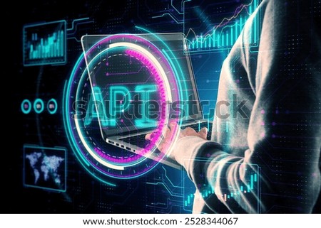 Hacker using laptop keyboard with creative API hologram on blurry background. Application Programming Interface concept. Interaction with digital icons representing API development, security