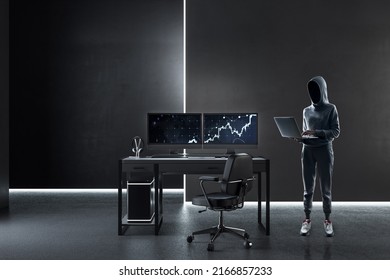 Hacker Using Laptop In Modern Concrete Office Interior With Workplace, Equipment And Tech Background On Computer Screen. Hacking And Malware Concept