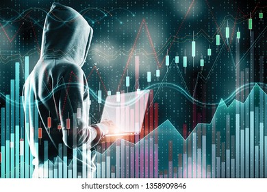 Hacker using laptop on creative forex chart index background. Hacking, technology and market concept. Double exposure 