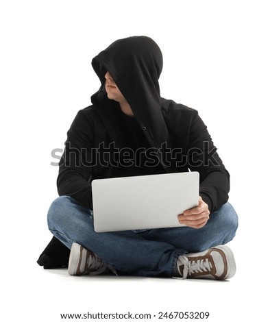 Hacker using laptop on white background