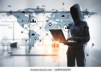 Hacker using laptop and remote work interface on world map. Global remote access chain communication concept.