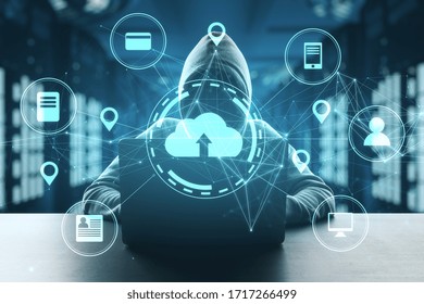 Hacker using laptop in server room with cloud computing diagram. Network and communication concept. Double exposure
