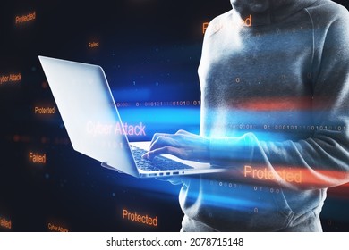 Hacker using notebook with abstract binary code on blurry background. Cyber attack and hacking concept. Double exposure - Powered by Shutterstock - Get 15% off with code: PIKWIZARD15