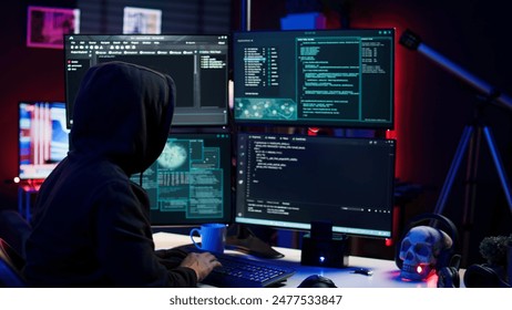 Hacker using PC to steal data, targeting unpatched security systems using malware. Scammer using computer to compromise digital devices, writing rogue script attacking firewalls, camera A