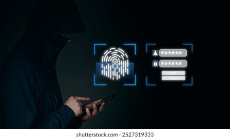 Hacker using a smartphone to attempt bypassing biometric fingerprint authentication and passwords. Represents online identity theft and cybersecurity risks.