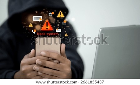 Hacker using smartphone with hack system warning icons, cyber attack, data breach, and online security risk symbol in dark environment for technology threat concept.