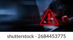Hacker using a smartphone and laptop with a glowing red alert symbol. The image represents cybercrime, phishing attacks, data breaches, identity theft, and online security risks.