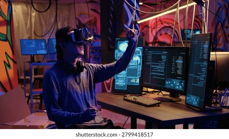 Hacker using virtual reality goggles technology to steal sensitive data by taking advantage of security breaches, cybercriminal in hidden base using VR headset to gain unauthorized access to systems.