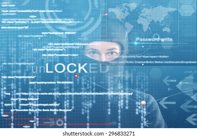 hacker at work with graphic user interface around