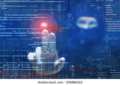 hacker at work with graphic user interface around